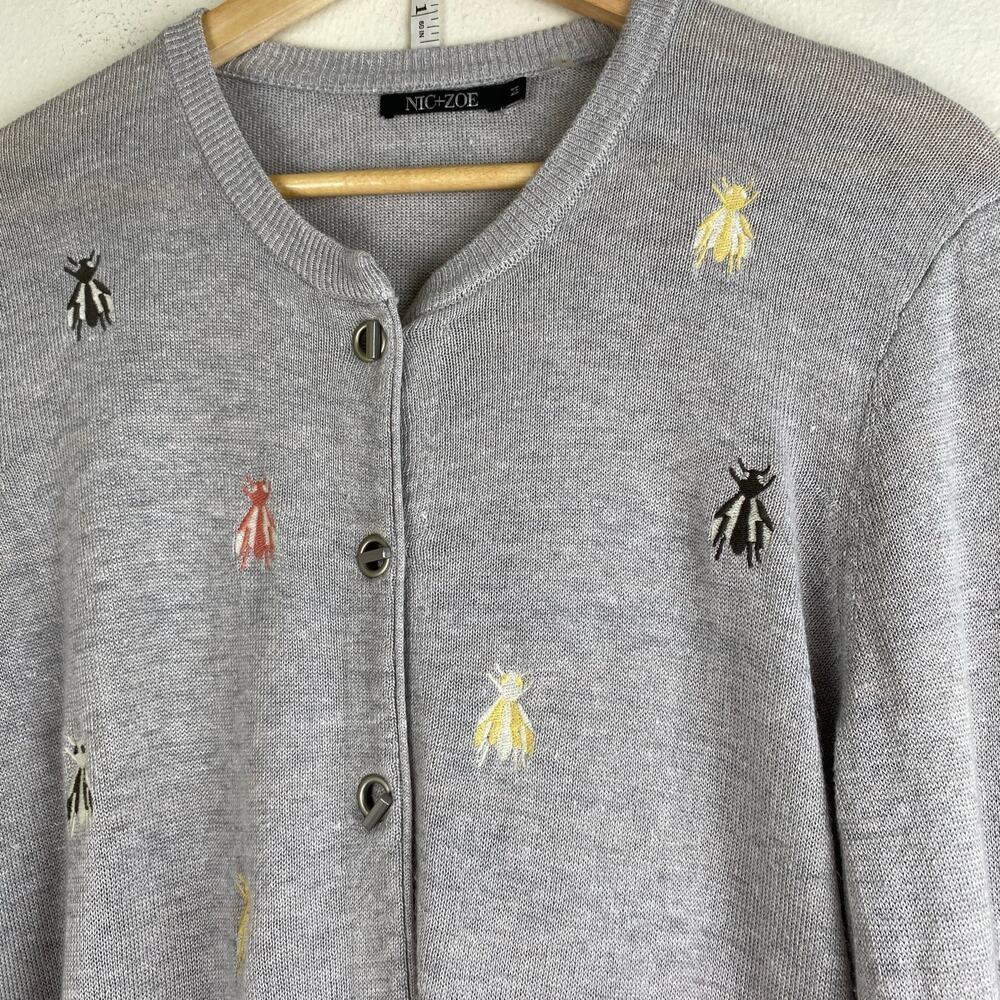 NIC + ZOE Busy Bee Embroidered Cardigan Grey Linen Blend M - Picture 9 of 14